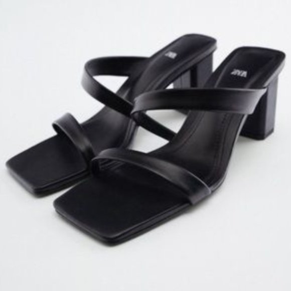 ZARA 100% LEATHER BLACK BLOCK STRAP SANDAL HEELS $89.90 - Picture 1 of 3